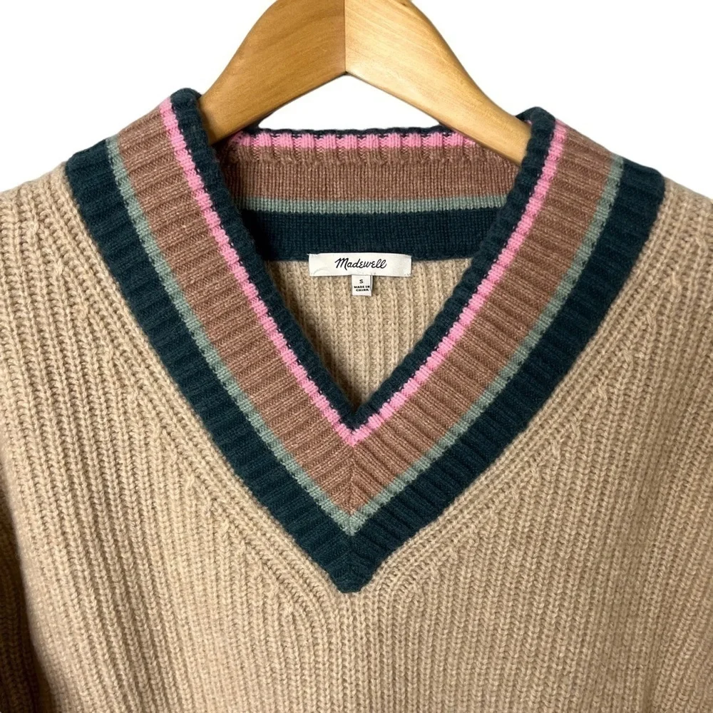 Madewell Tipped Forrest V Neck Knit Sweater Tan Size Small MC009 - Picture 3 of 9
